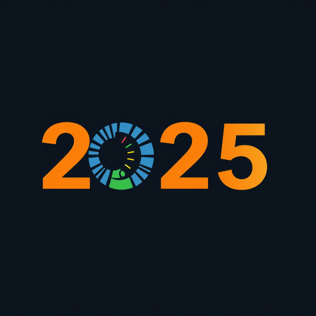 A bold '2025' with the '0' stylized as a global iris/eye (Vision) and the '5' ending in a subtle forward arrow (Future Forward). Minimalist rainbow accents are used throughout.