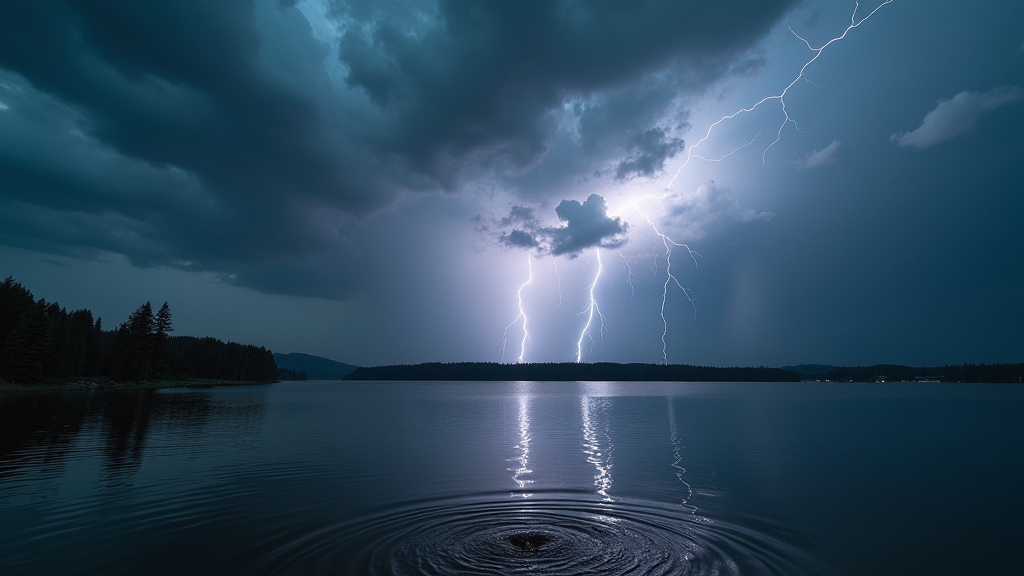 A dramatic wallpaper of a thunderstorm above a calm lake. The serene waters reflect the turbulent sky, where jagged lightning bolts electrify the atmosphere. Ripples dance across the lake's surface, disturbed by the storm's intensity. This captivating image beautifully contrasts the power and serenity of nature, offering a harmonious yet intense scene.