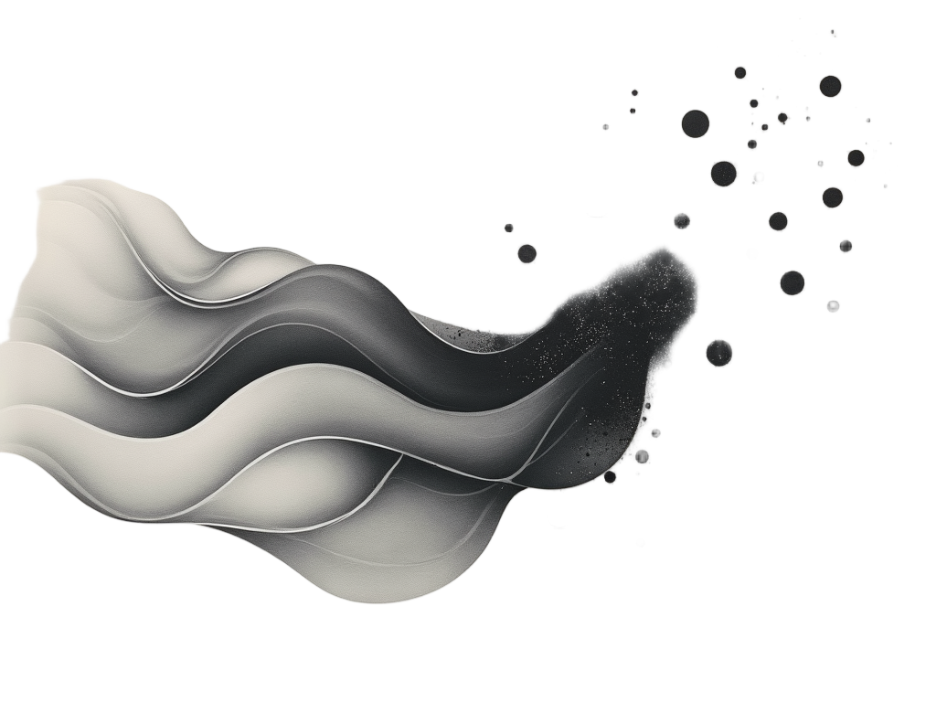 An abstract composition using contrasting textures: one area with smooth, fluid, wave-like lines and gradients, merging or clashing with an area composed of sharp, pointillist dots or fragmented geometric shapes representing particles.