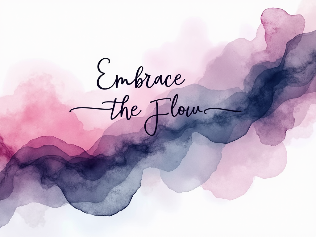 Abstract watercolor or ink bleed effects creating fluid movement with softly blending colors (e.g., pink, white, purple, black, blue). The text 'Embrace the Flow' can be subtly integrated.