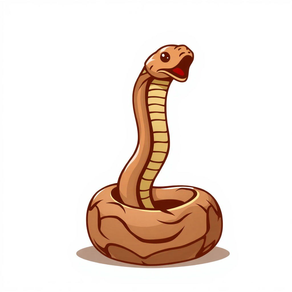 The image is a cartoon illustration of a cobra coiled up in a nest. The cobra is brown in color and has a long, slender body with a pointed head and a pointed snout. Its mouth is open, revealing its sharp teeth. The nest is made of a light-colored material and appears to be made of wood or a similar material. The background is white, making the cobra stand out.