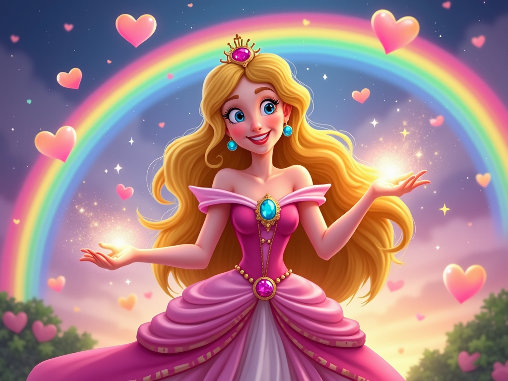 A cheerful princess wearing a dress decorated with rainbow gems, creating a rainbow with her magical hands, surrounded by floating hearts and stars.