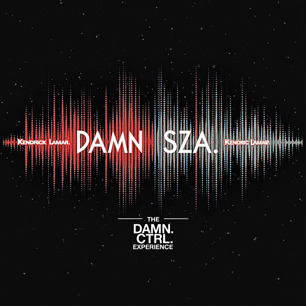 T-Shirt Design Idea 4: Abstract Soundwaves. Represent 'DAMN.' with sharp, aggressive soundwave patterns and 'Ctrl' with smoother, more flowing or intricate soundwave patterns. These could overlap or intertwine. The names 'Kendrick Lamar' and 'SZA' could be embedded within their respective soundwave styles. 'The DAMN. Ctrl. Experience' below or integrated.