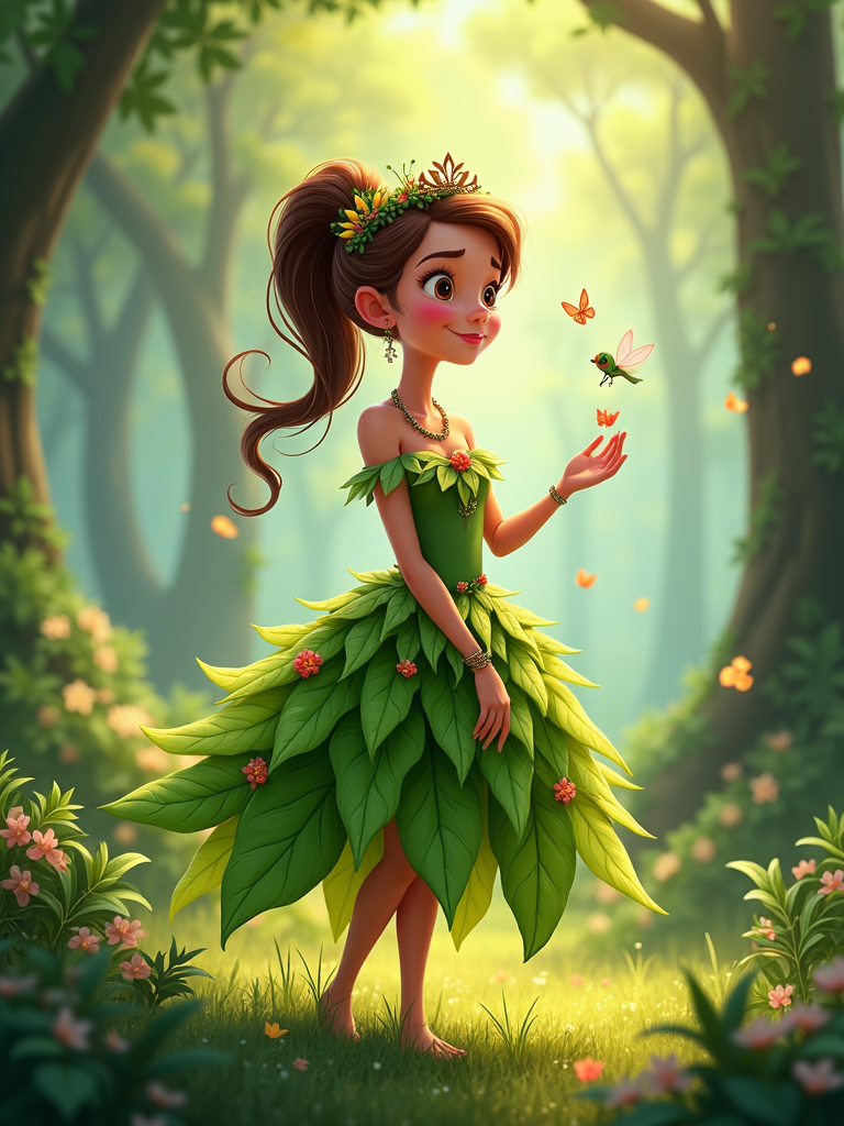 A princess with a dress made of leaves and flowers, with a small crown of twigs, surrounded by tiny, sparkling forest creatures.