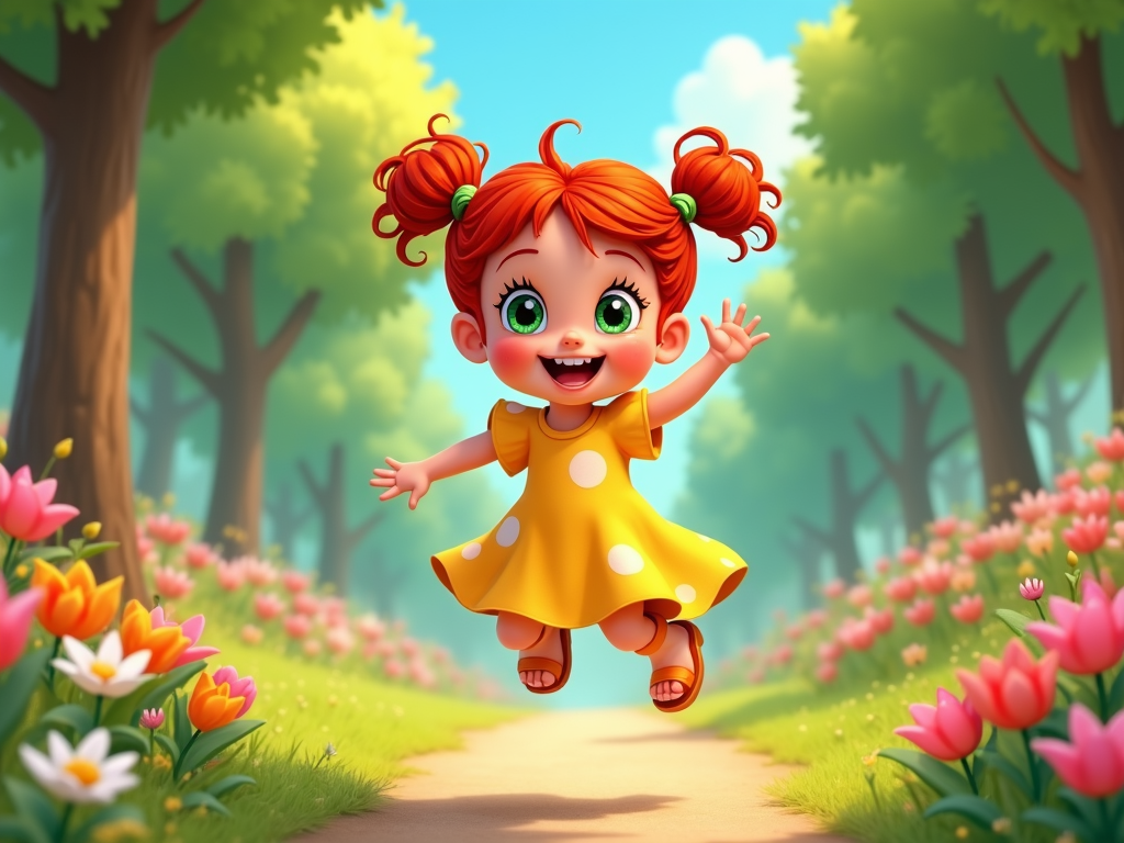 The image is a digital illustration of a cute little girl with red hair and green eyes. She is wearing a yellow dress with white polka dots and brown sandals. The girl is jumping in the air with her arms stretched out to the sides and has a big smile on her face. She appears to be happy and carefree. The background is a beautiful garden with pink and orange tulips and trees. The sky is blue and there are a few clouds in the distance. The overall mood of the image is cheerful and playful.