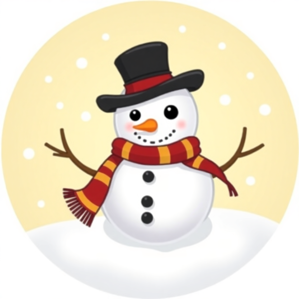 The image shows a snowman wearing a top hat and scarf, standing in the snow with a white and yellow background.