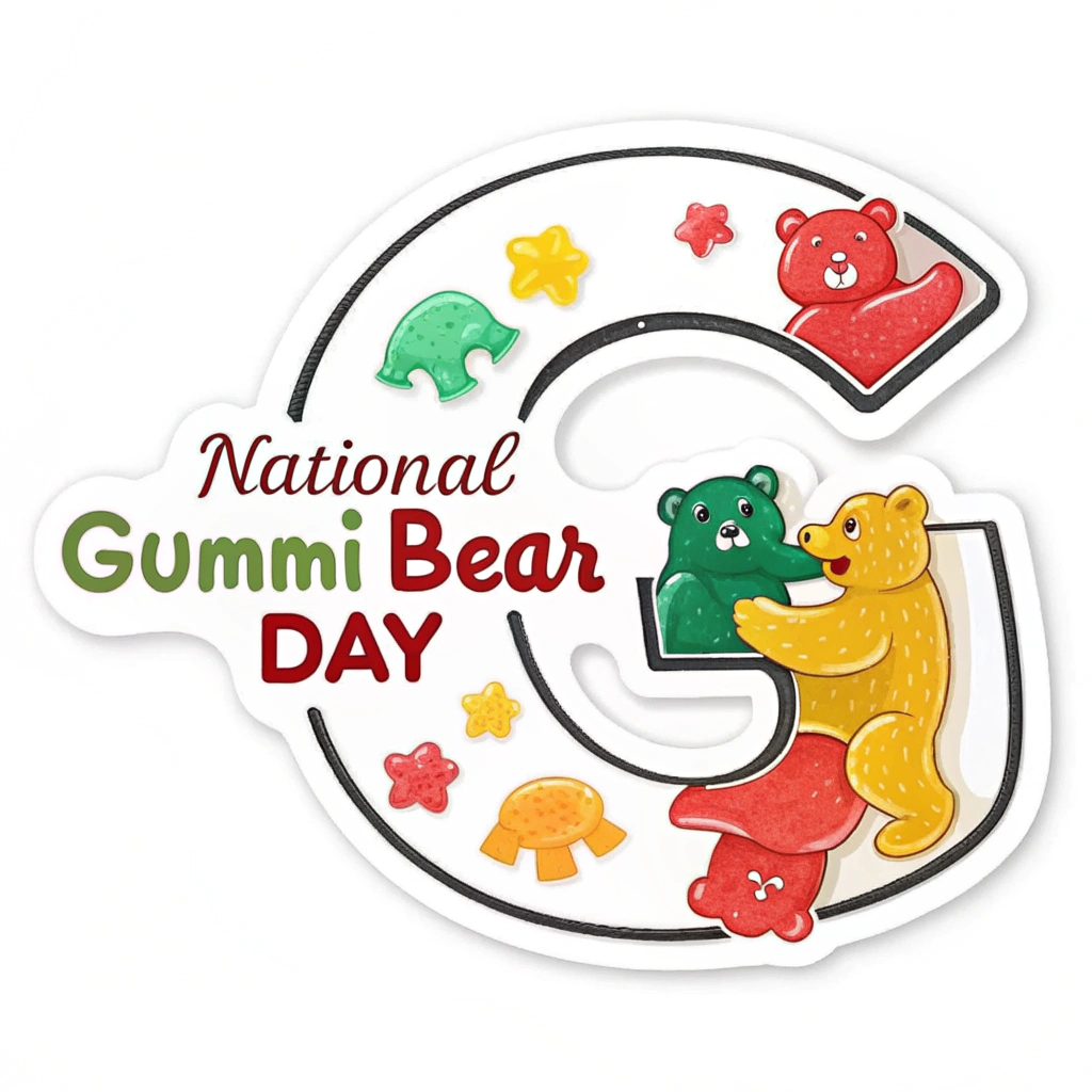Simple Logo Idea Gummi Bear Day: A playful letter 'G' shaped to resemble a gummi bear, or a circular emblem containing three gummi bears in primary colors. The text 'National Gummi Bear Day' would be an integral part of the logo.