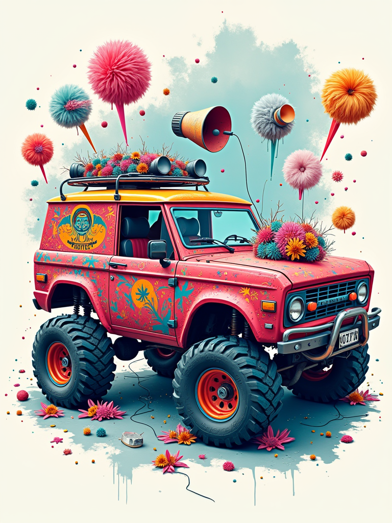 T-Shirt Design Idea 5: Art Car Parts & Assembly Kit. A fun, deconstructed graphic design styled like a model kit, showing whimsical 'parts' (fur, lasers, big tires, sound systems) to 'build' an art car.