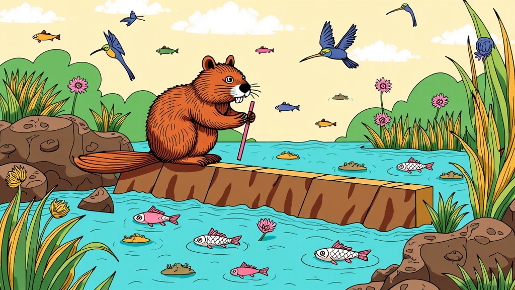 Keystone Species as Ecosystem Architects: Focus on a keystone species (e.g., beaver, elephant, sea otter) and illustrate how its activities create and maintain habitats for a multitude of other species. Show the central species actively shaping its environment, with ripples of biodiversity flourishing around its actions (e.g., a beaver dam creating a wetland that supports fish, birds, and amphibians).