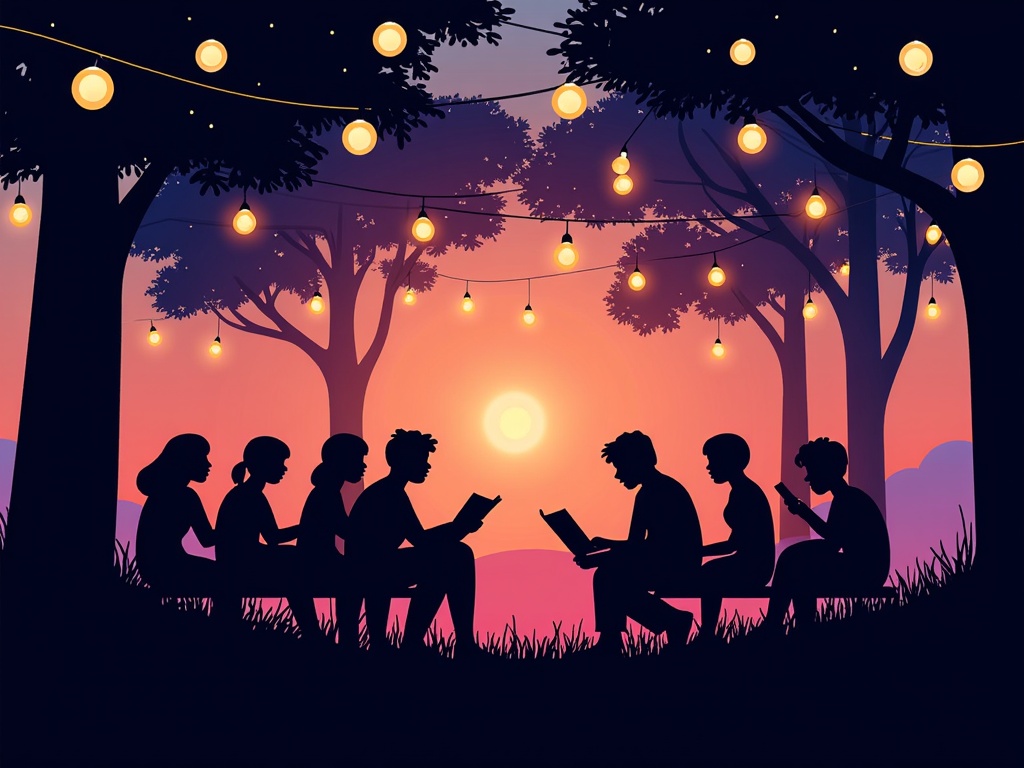 An atmospheric illustration set during late afternoon or early evening in the park. Silhouettes of people are gathered for the poetry reading, perhaps illuminated by soft string lights hung between trees or lanterns placed on the ground. The focus is on the communal, serene, and reflective mood of the event.