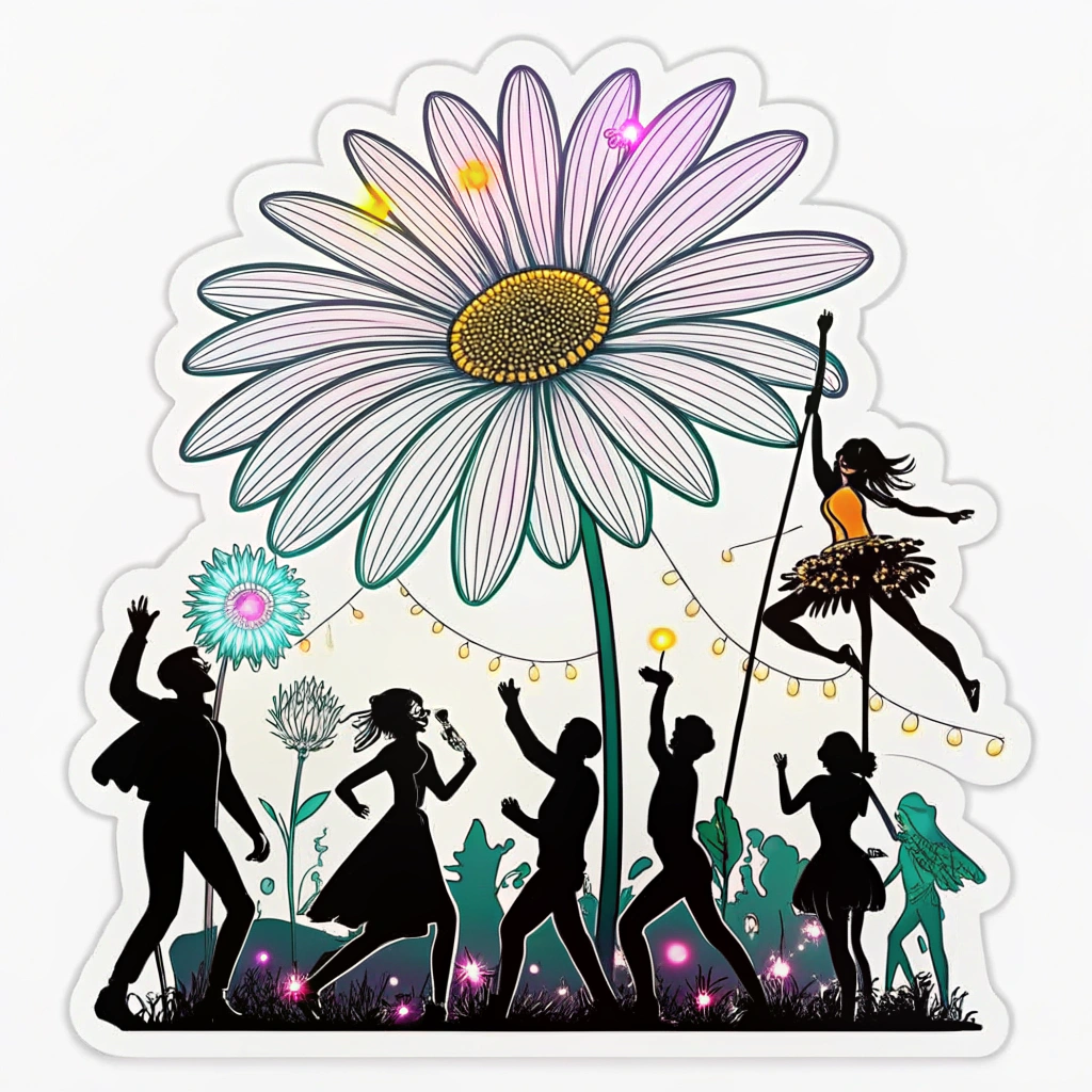 A collective silhouette of various festival-goers or performers (dancers, stilt walkers) under a giant, neon-outlined daisy or Ferris wheel, with the performers themselves subtly glowing.