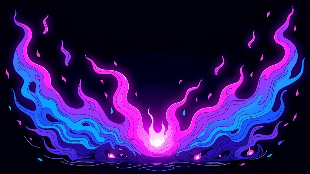 The image is an abstract digital art piece with a black background. In the center of the image, there is a pink and blue wave-like design that appears to be floating in the air. The wave is made up of multiple layers of different shades of pink, blue, and purple, creating a gradient effect. The pink wave is in the shape of a heart, with a small pink dot in the middle. The blue wave is curved and wavy, with small pink dots scattered throughout. The overall effect is one of energy and movement.