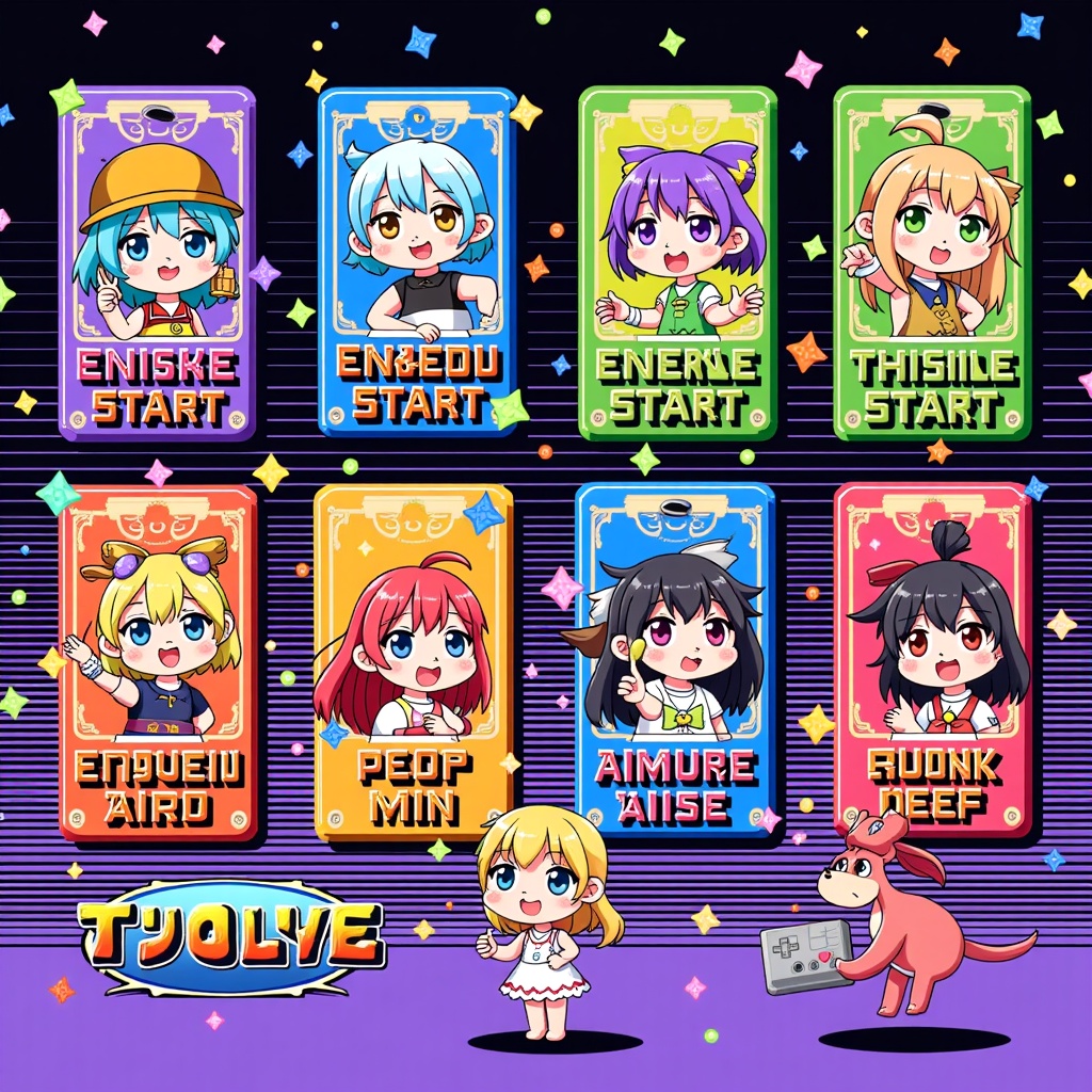 Pixel Art & Early Console Game Aesthetics: Illustrations created in a retro pixel art style, evoking the look of 8-bit or 16-bit anime-based video games, possibly depicting character sprites, classic game scenes, or mock 'game start' screens with limited color palettes.