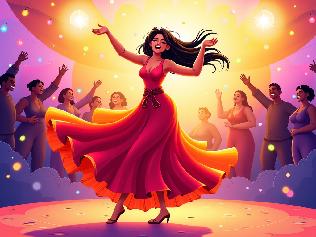  a young woman dancing on a stage with her arms stretched out wide and a big smile on her face. She is wearing a long red dress with a black belt and black heels. Her long black hair is flowing in the wind and she is dancing with her legs spread wide. In the background, there are a group of people dancing and enjoying themselves. The stage is decorated with colorful lights and balloons, creating a festive atmosphere. The overall mood of the image is joyful and joyful.