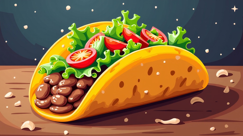 The image is an illustration of a taco on a wooden table. The taco is yellow in color and has a tortilla shell on top. It is filled with a variety of ingredients, including lettuce, tomatoes, and black beans. The background is dark blue with small white stars scattered around. The overall color scheme of the image is warm and inviting.