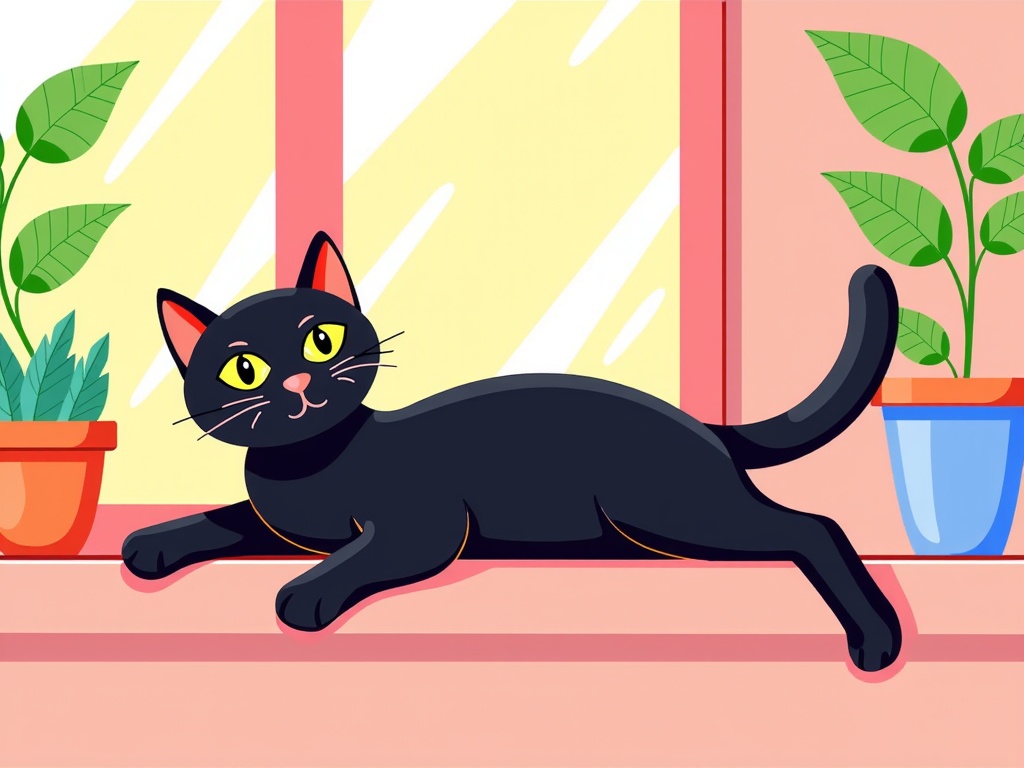 The image is an illustration of a black cat lying on a pink floor in front of a window. The cat is lying on its side with its body stretched out and its tail curled around its body. It has yellow eyes and is looking directly at the camera with a curious expression. On either side of the cat, there are two potted plants with green leaves. The background is a light pink color with a striped pattern. The overall style of the illustration is flat and cartoon-like.