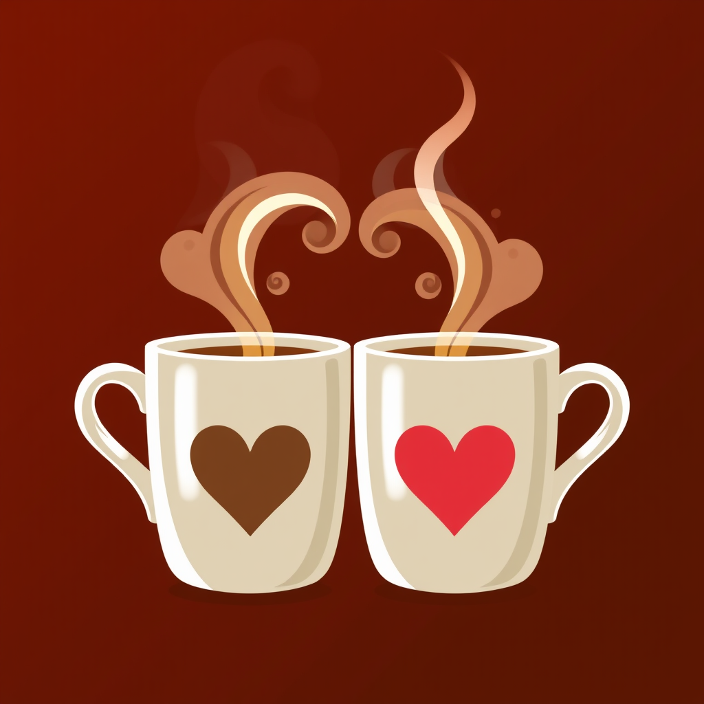 Two coffee cups with heart-shaped steam rising, signifying cozy moments shared between lovers.