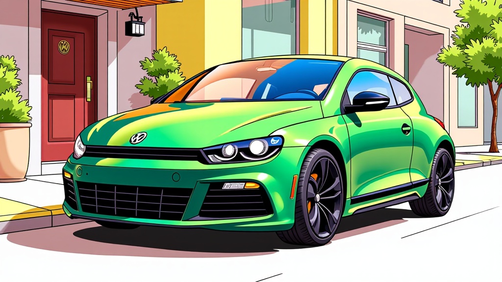 The image is a digital illustration of a green Volkswagen Scirocco sports car parked on the side of a street. The car is a two-door coupe with a sleek and sporty design. It has a large front grille with the Volkswagen logo in the center and black alloy wheels. The background shows a row of colorful buildings with a red door and potted plants on the sidewalk. The sky is blue and the overall color scheme of the image is bright and vibrant.