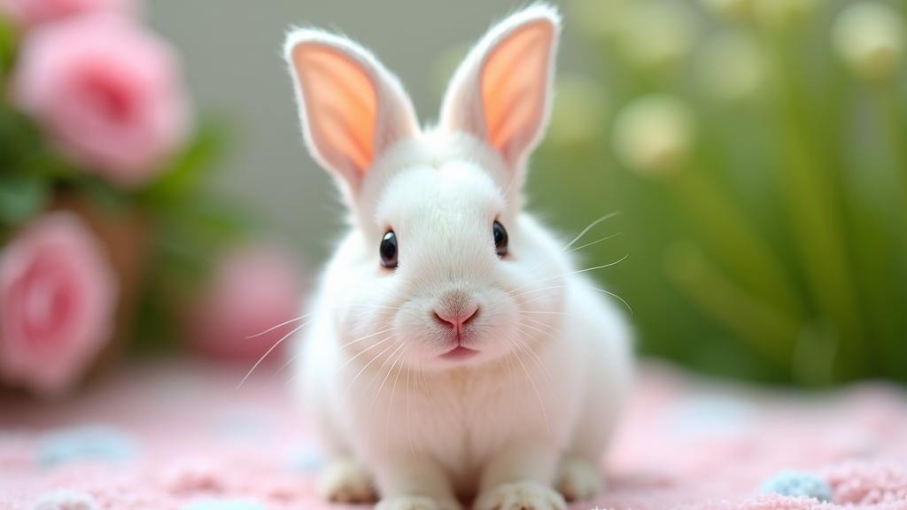 The image is a close-up of a small white rabbit with pink ears. The rabbit is sitting on a pink blanket with small blue and white pom-poms scattered around it. The background is blurred, but it appears to be a garden with pink and green flowers and greenery. The bunny is looking directly at the camera with a curious expression on its face. Its fur is soft and fluffy, and its ears are perked up, giving it an alert and inquisitive look. The overall mood of the image is peaceful and serene.