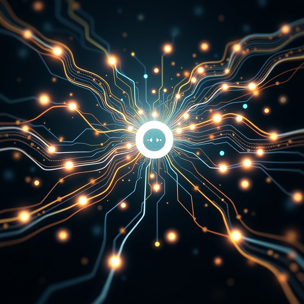 Converging Code Streams: Multiple dynamic streams of abstract code (e.g., flowing lines, illuminated particles) originating from different points and merging into a central, cohesive form or symbol, highlighting the 'connect' aspect of diverse code and ideas coming together.