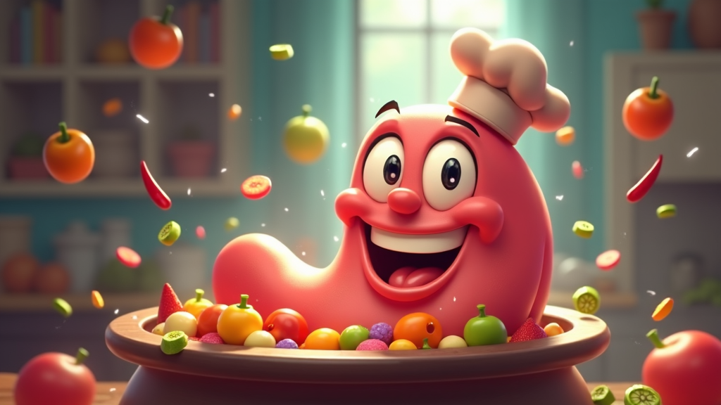 The image shows a cartoon character in a chef's hat sitting in a bowl filled with colorful fruits and vegetables. In the background, there is a cupboard with books and other items, as well as a window and a wall. The image is animated, giving it a lively and vibrant feel.