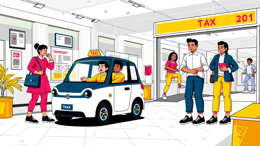 Human-Centric Hub: Focus on robotaxis seamlessly integrating into daily life, perhaps arriving at futuristic community hubs, advanced residential areas, or cultural centers, with an emphasis on passenger experience, accessibility, and interaction.