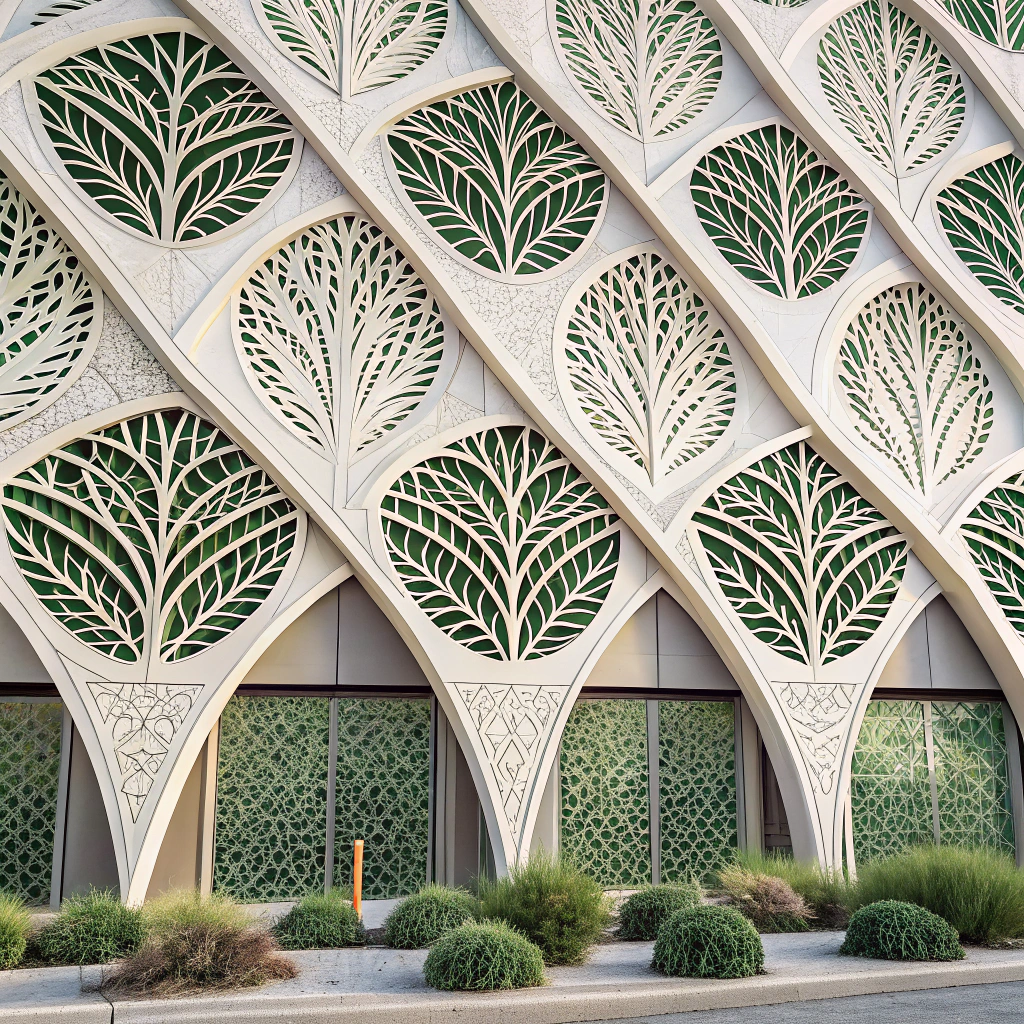 Biomimetic facade patterns inspired by natural shading mechanisms (e.g., leaf arrangements, adaptive desert flora) to dynamically control solar heat gain and light penetration, enhancing energy efficiency.