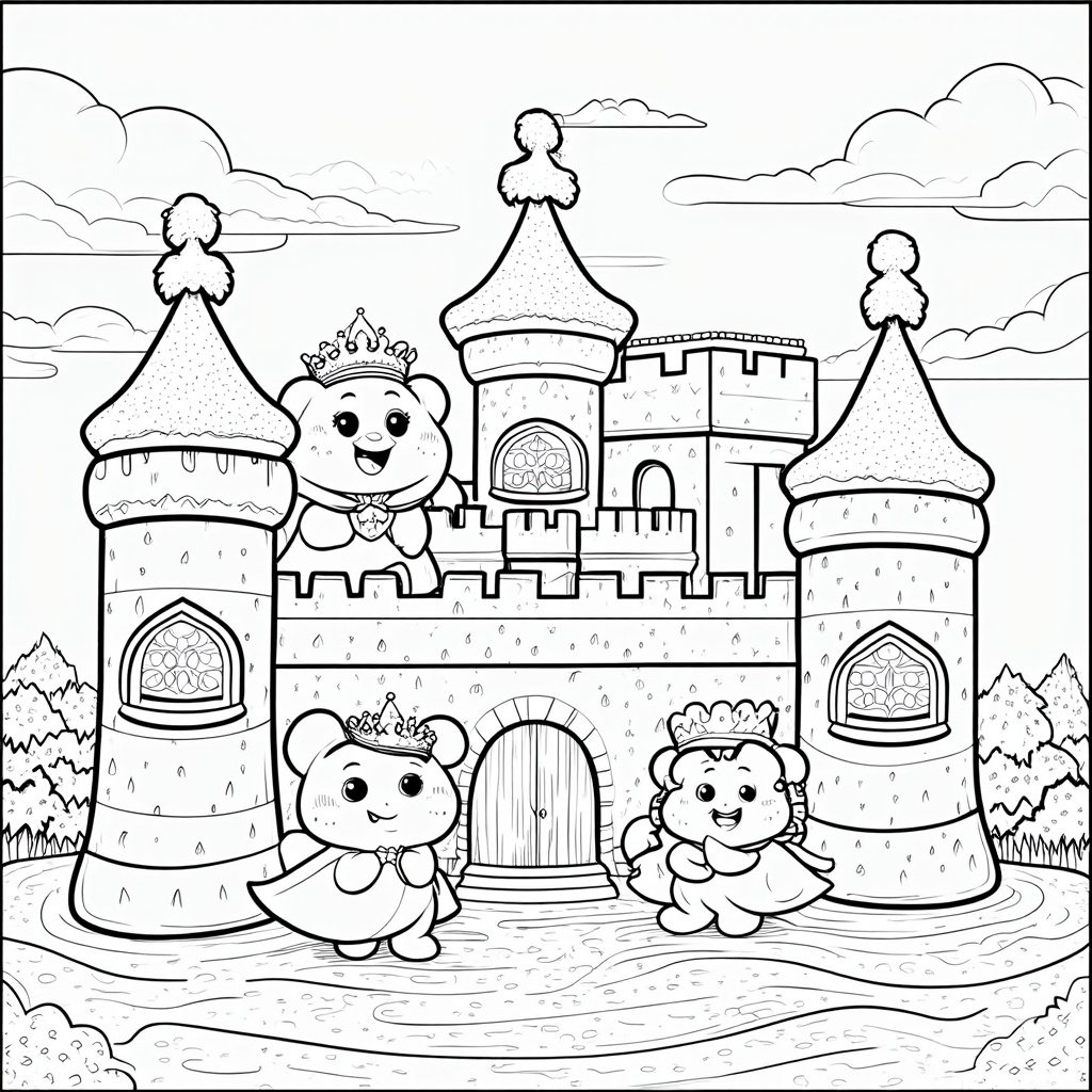 A 'Candy Castle Adventure' scene where Gummy Bears are on a quest within a castle made of wafers, frosting turrets, and stained-glass windows made of hard candies.
