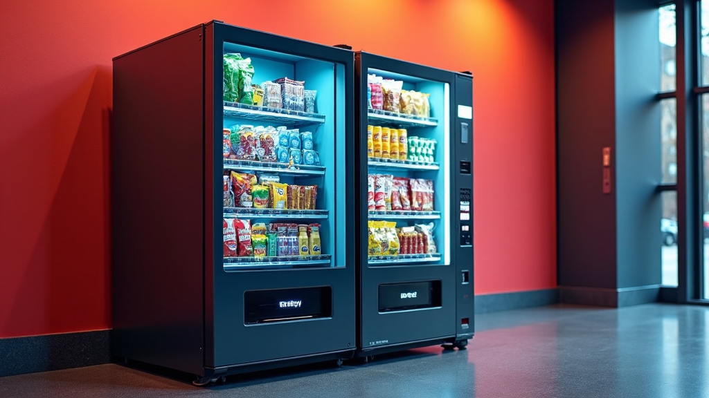 A sleek, modern vending machine stands against a wall, its glass front showcasing an array of colorful snacks and drinks. The machine's LED panel displays a welcoming 'Ready to Serve!' message.