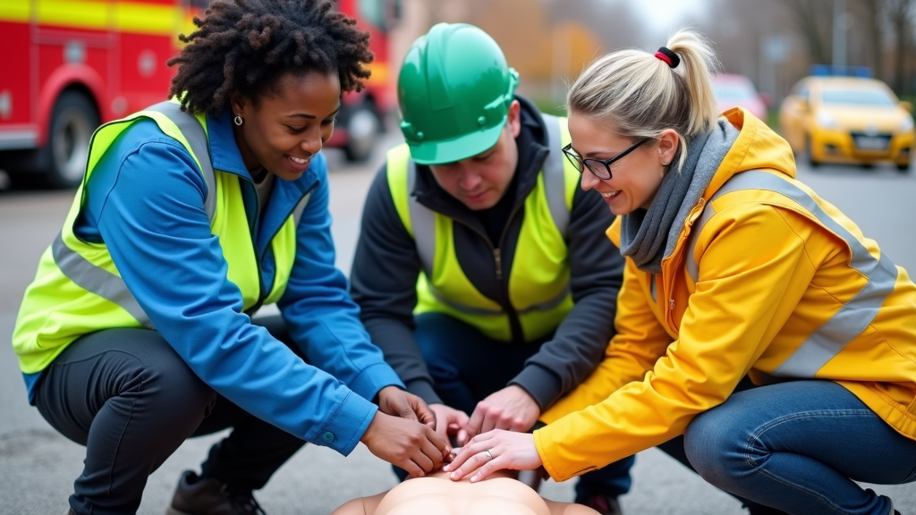 Poster showcasing diverse workers participating in a response drill, perhaps a first aid simulation or using communication equipment, emphasizing teamwork and roles.
