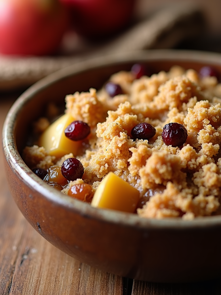 Apple crisp with a mix of dried cranberries and raisins.