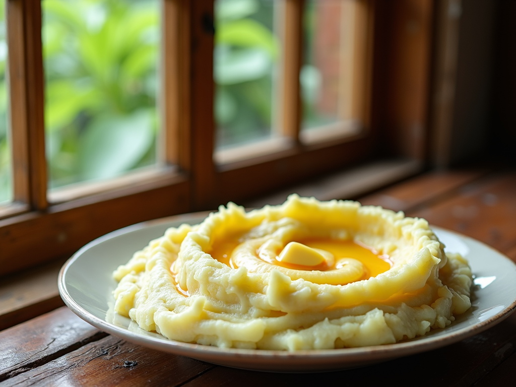 A plate of mashed potatoes artistically swirled with a blend of creamy butter and roasted garlic, positioned next to a rustic farmhouse window.