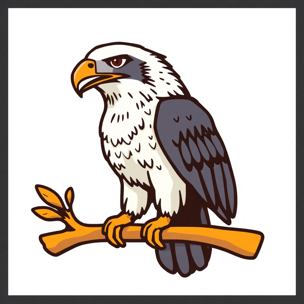 The image is a digital illustration of a bald eagle perched on a branch. The eagle is facing towards the left side of the image and its head is turned slightly to the right. It has a white head with black wings and a yellow beak. The branch it is perched on is orange and has a few leaves attached to it. The background is white. The image is framed in a black border.