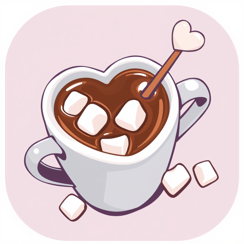 Hot chocolate with marshmallows in a heart-shaped mug icon.