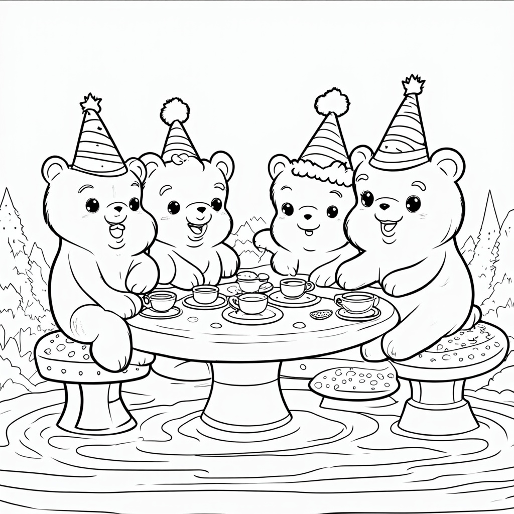 A group of baby gummy bears having a tea party with tiny gumdrop teacups and cookie plates, sitting on mushroom-shaped candy stools.