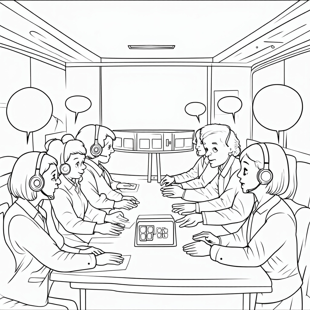 An illustration showing the communication aspect of Mission Control. Depict several controllers wearing headsets, actively communicating. Speech bubbles (empty for kids to fill or with simple terms like 'GO!' or 'Roger') can be incorporated. The background shows a calmer, wider view of the control room architecture with the countdown visible.