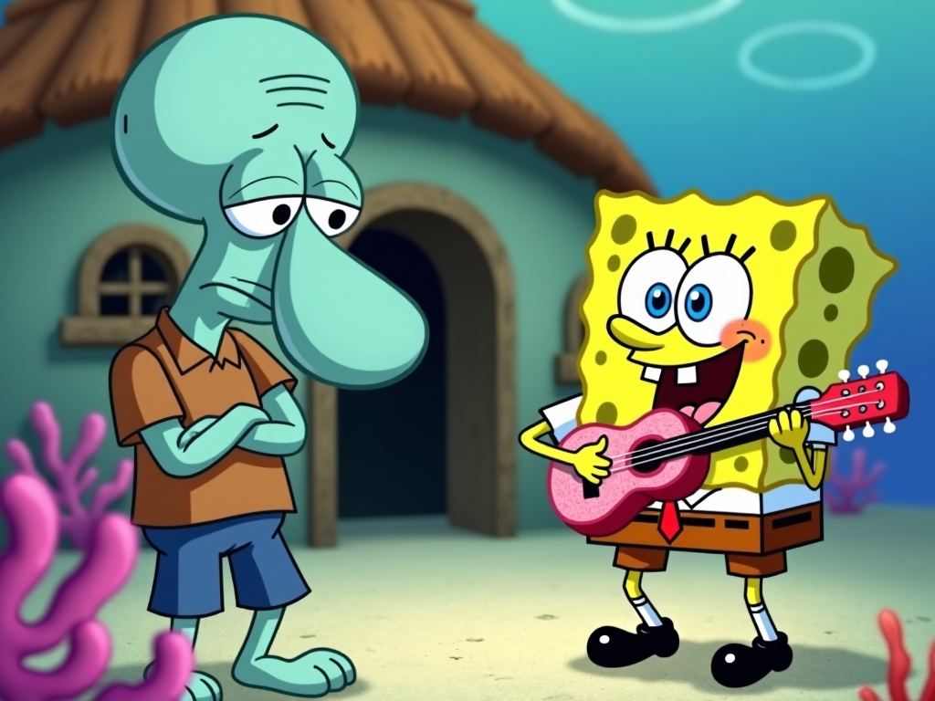 Squidward looking annoyed as SpongeBob plays a jellyfish-themed ukulele in front of his house in Bikini Bottom.