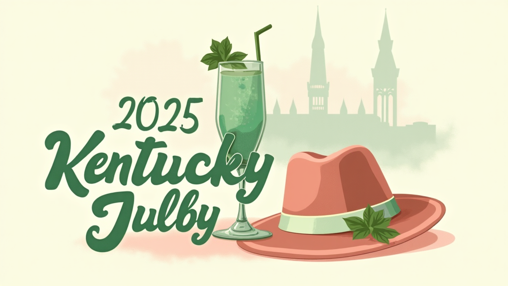 Retro Poster Design 2: 'Mid-Century Mint Julep' - A stylized illustration of a mint julep and a classic derby hat, with subtle Twin Spires in the background. Uses a 1950s inspired color palette like mint green, coral, and brown, with '2025 Kentucky Derby' in a playful script.