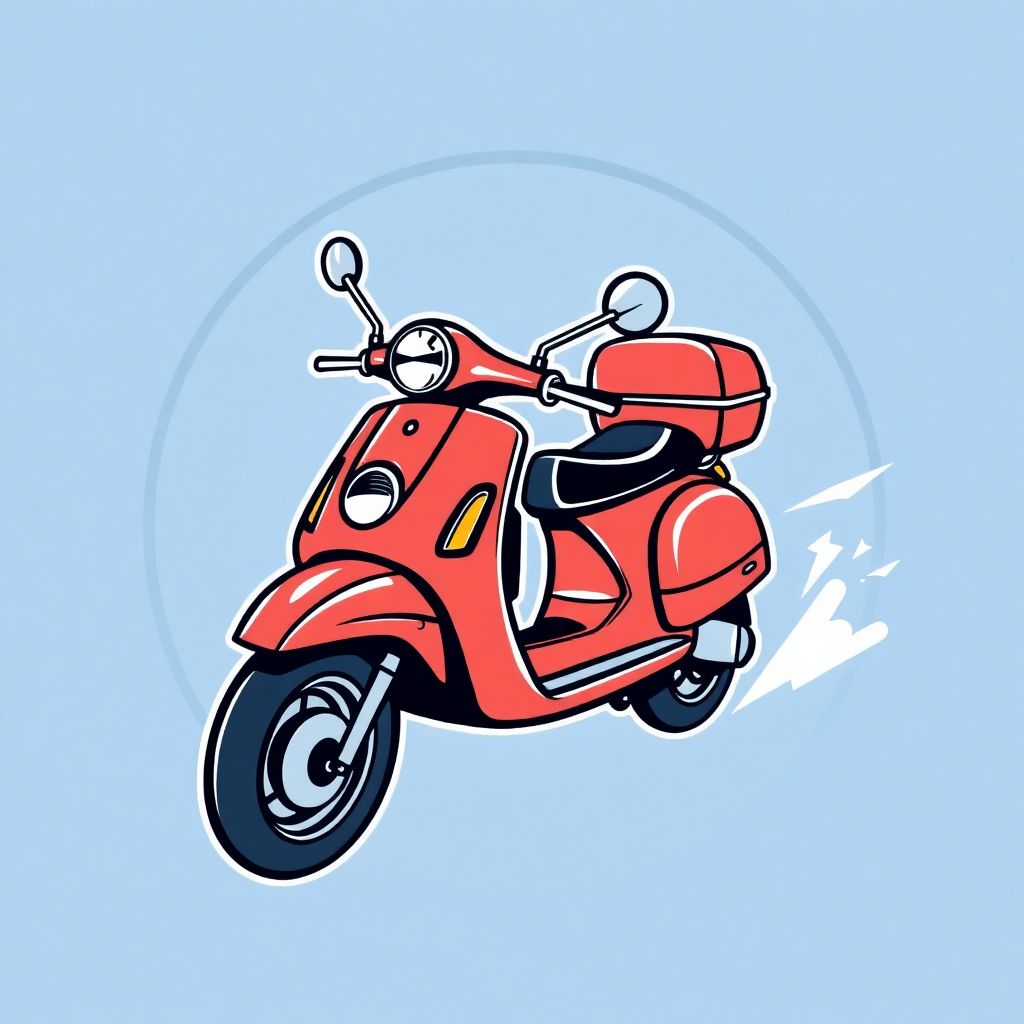 The image is a digital illustration of a red scooter. The scooter is in the center of the image and is facing towards the right side. It has a round headlight and two side mirrors on either side of the handlebars. The body of the scooter has a black seat and a red luggage rack on the back. The wheels are black and appear to be in motion. The background is a light blue color with a white circle in the middle.