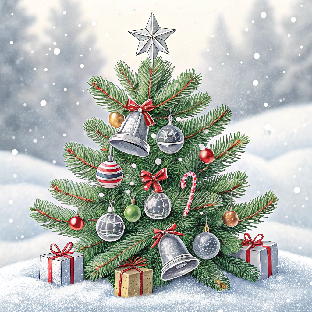 Close-up of a festive Christmas tree sticker showcasing intricate details like silver bells, candy canes, and tiny gift boxes hanging from its branches, all set against a snowy white background.