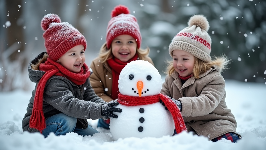 Charming children in warmly knitted hats and scarves making a snowman in the garden as snowflakes dance around them. Their joyful expressions and teamwork reflect on the snowman's vibrant carrot nose, coal eyes, and carefully placed scarf. The wintry scene embodies the simple pleasures and fun of the holiday season.