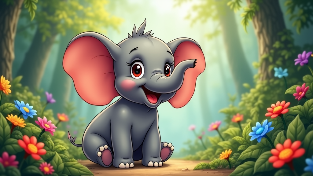 A cute baby elephant with oversized ears and tiny tusks, exploring a jungle filled with colorful flowers.