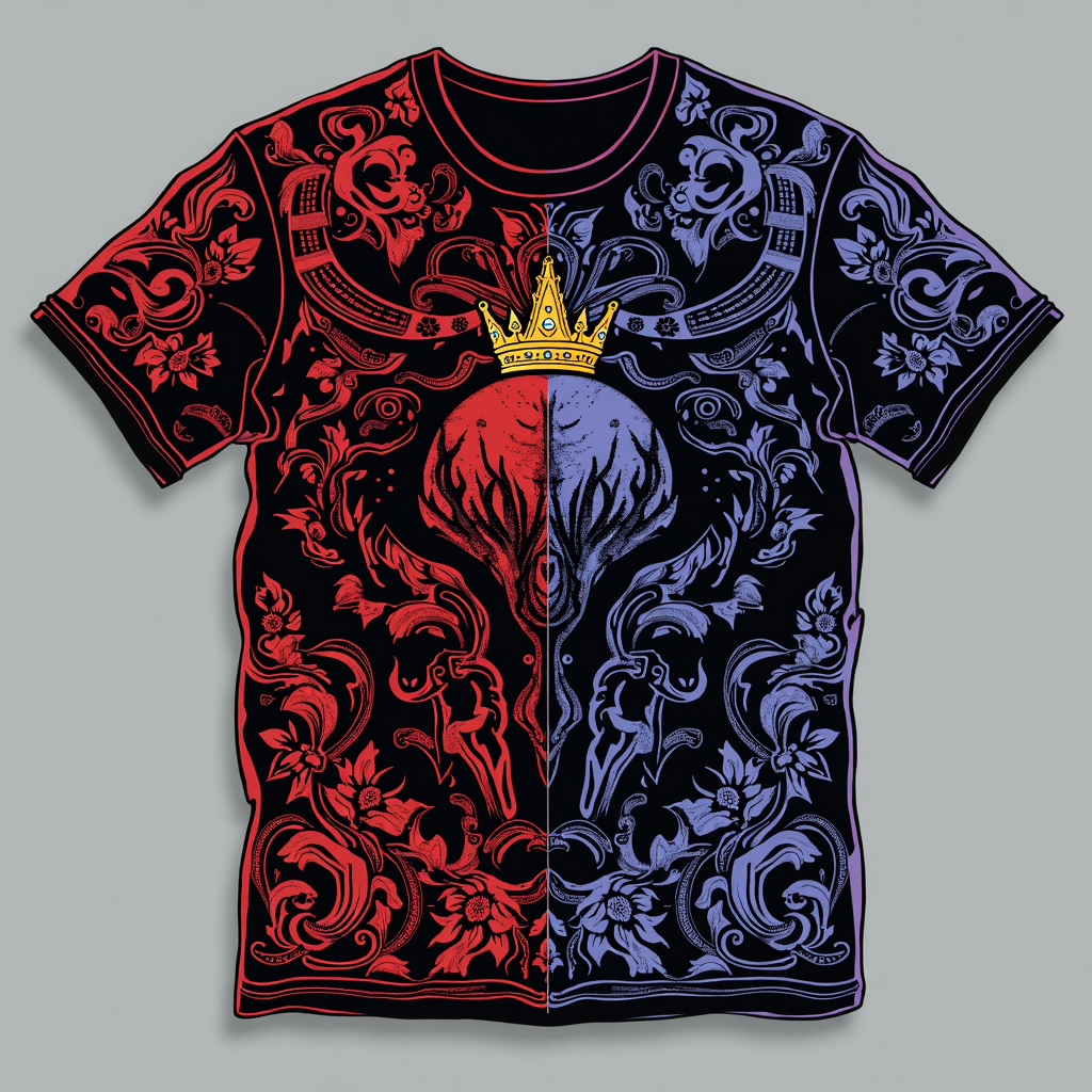 A split design. One half of the t-shirt features imagery and colors associated with Kendrick Lamar (e.g., red, black, urban elements from Compton, a crown), and the other half features SZA's aesthetics (e.g., earthy tones, blues, nature, flowing lines). A central Black Panther emblem or the Wakandan 'vibranium purple' color scheme unites the two halves, with the tour title clearly displayed across the chest or back.