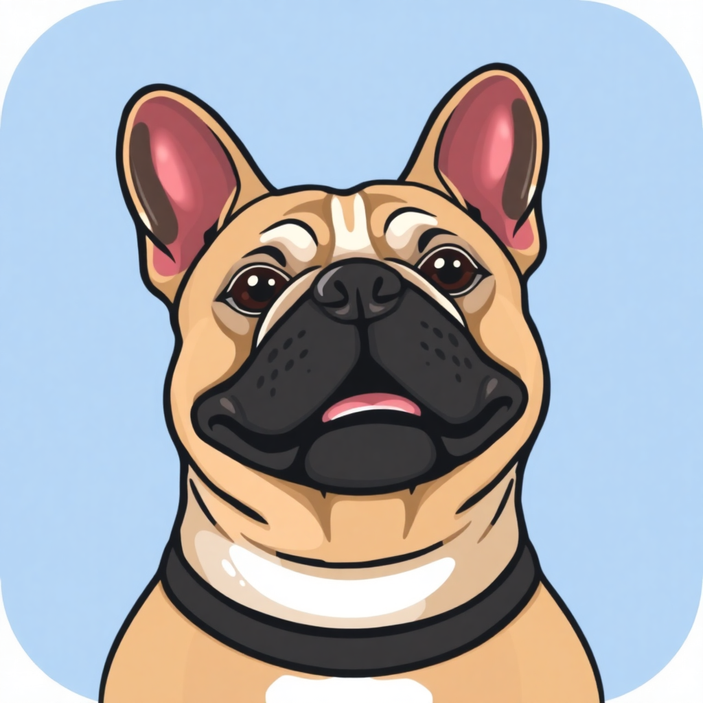 The image is a digital illustration of a French Bulldog. The dog is facing towards the left side of the image and is wearing a black collar around its neck. The background is a light blue color and the dog's face is in the center of the illustration. It has a round face with a black nose and a black mouth, and its eyes are large and round. Its ears are pink and pointed, and it appears to be looking directly at the viewer with a curious expression.