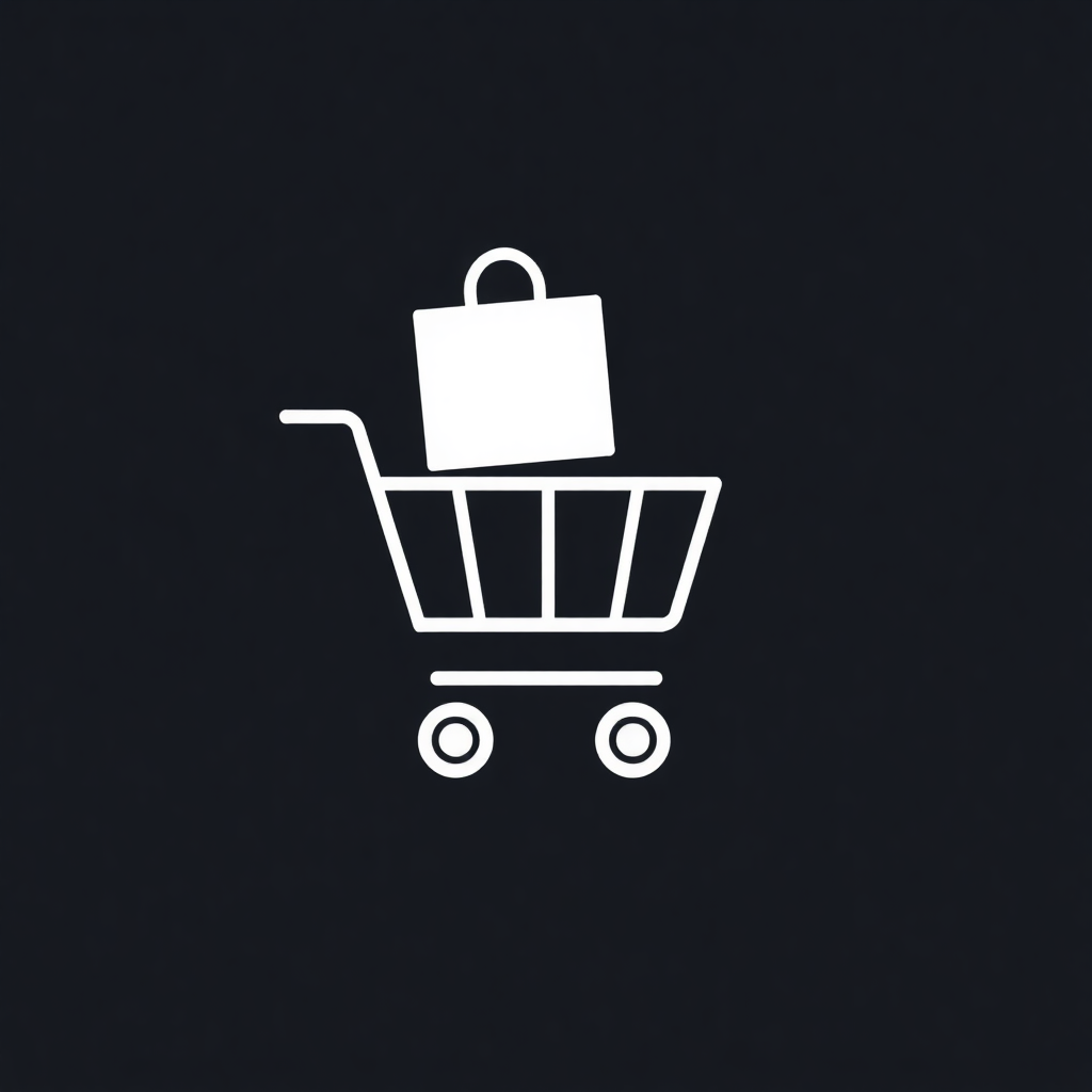 The image is a simple illustration of a shopping cart with a shopping bag in it. The shopping cart is white and has four wheels at the bottom. The background is black, making the white icon stand out. The icon is simple and minimalistic, with no other elements or design elements.