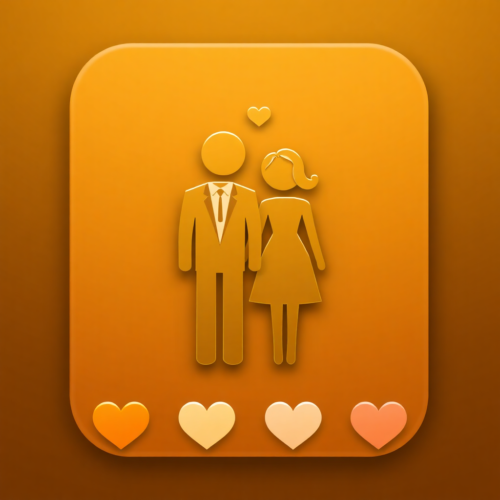 The image shows a man and woman standing next to each other with hearts around them, set against an orange background. The man is wearing a suit and the woman is wearing an unknown outfit. The image is animated, giving it a dynamic feel.