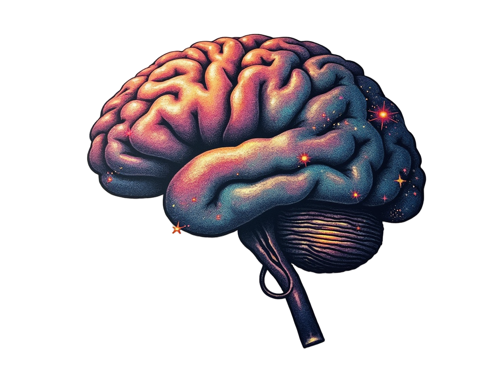 The overall silhouette of a human brain, where upon closer inspection, its structures (lobes, sulci, gyri) are composed of repeating, fractal patterns of neural networks interwoven with galactic elements like stars and nebulae, symbolizing interconnected complexity.