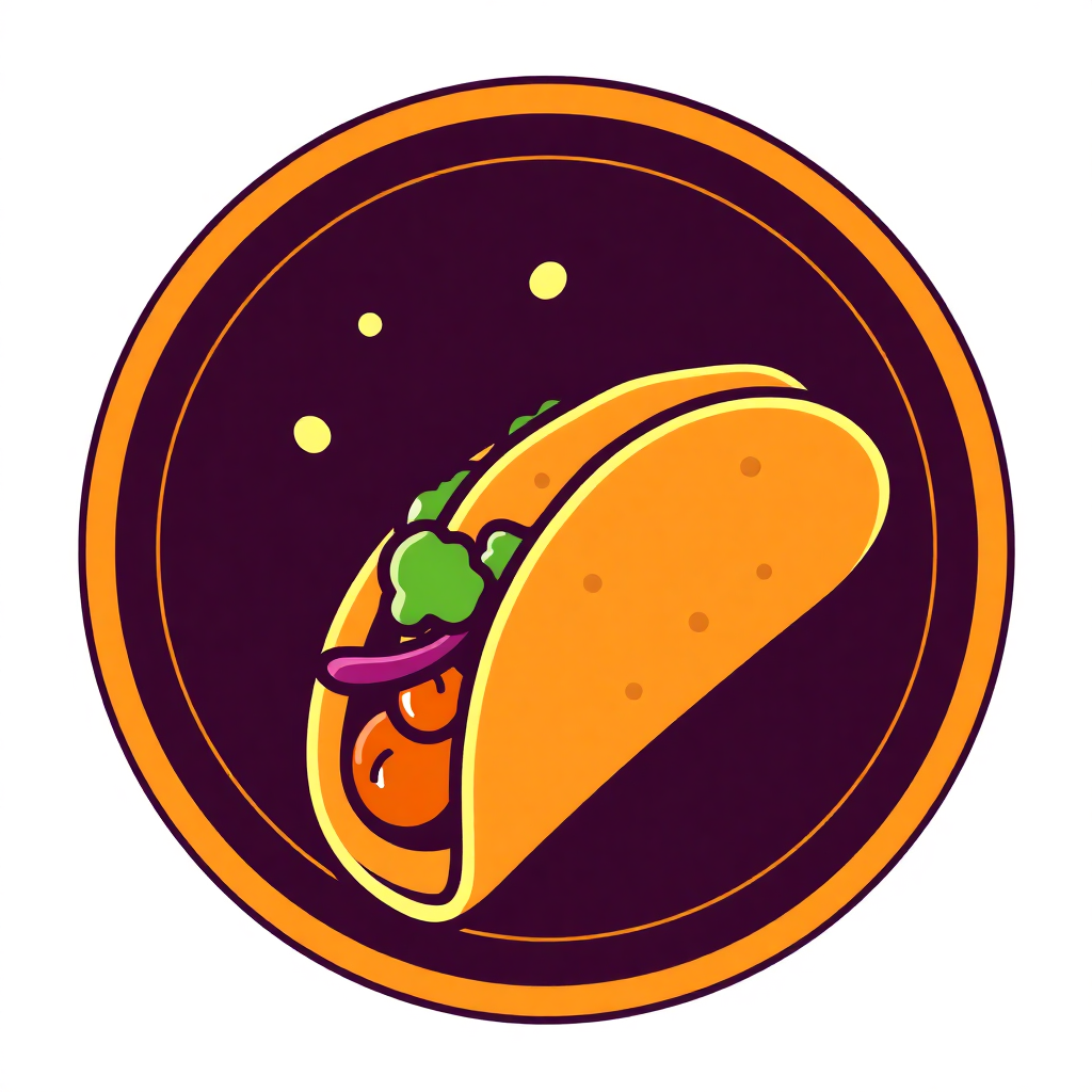 The image is a circular illustration of a taco. The taco is orange in color and has a tortilla shell on top. It is filled with a variety of ingredients, including lettuce, tomato, onion, and cheese. The background is a deep purple color with small yellow dots scattered throughout. The overall design is simple and cartoon-like.