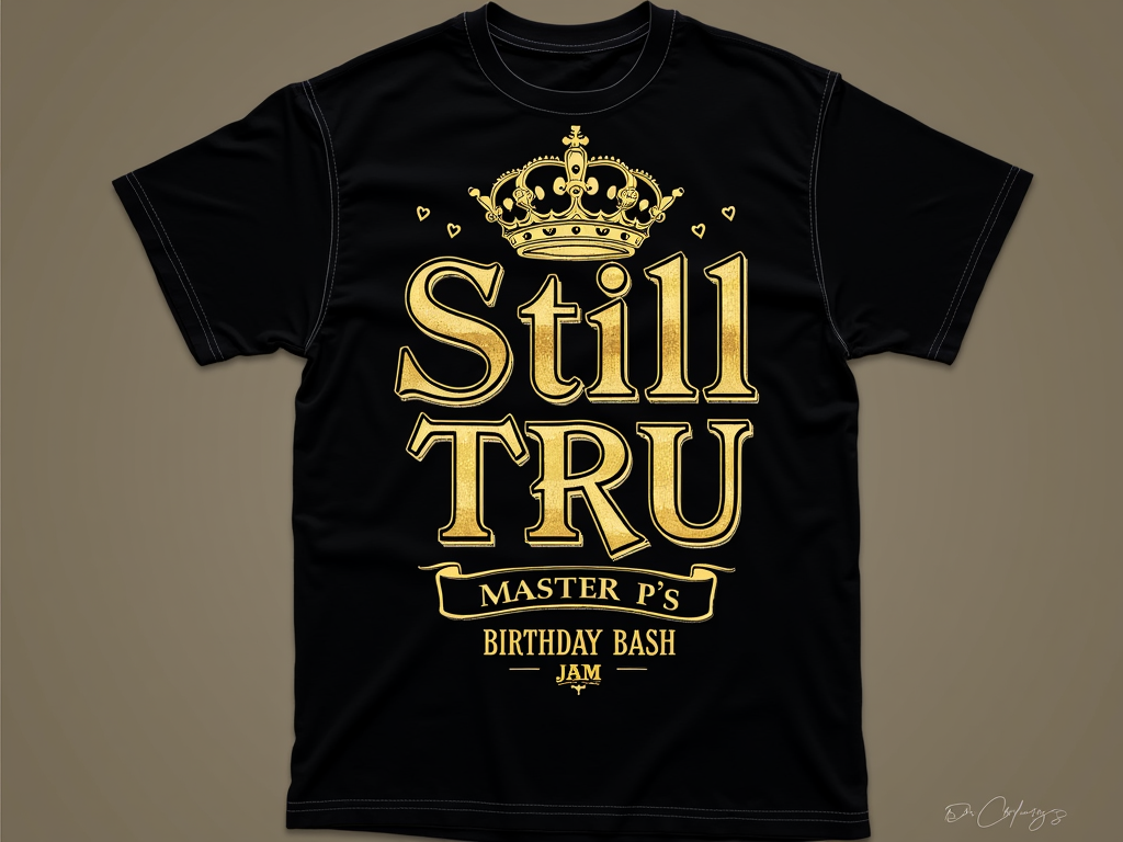 A T-shirt design with a regal theme, featuring 'Still TRU' in an elegant font, a crown graphic, and 'Master P's Birthday Bash / Jam Classic' text. Metallic gold ink could enhance the celebratory mogul status.