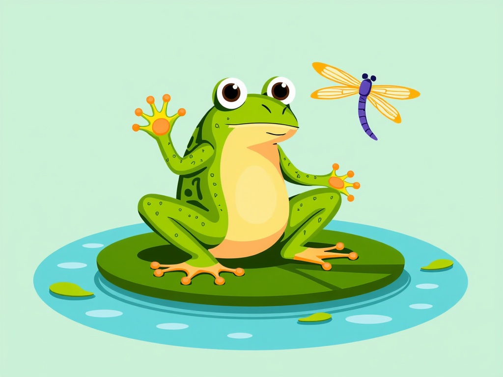 The image is a cartoon illustration of a green frog sitting on a lily pad. The frog is facing towards the right side of the image and has a big smile on its face. It has two large round eyes and a small nose. Its body is covered in green spots and its legs are stretched out in front of it. On its back, there is a purple dragonfly with orange wings. The dragonfly is flying above the frog. The background is a light blue color and there are small white dots scattered around the frog and the lily pads.